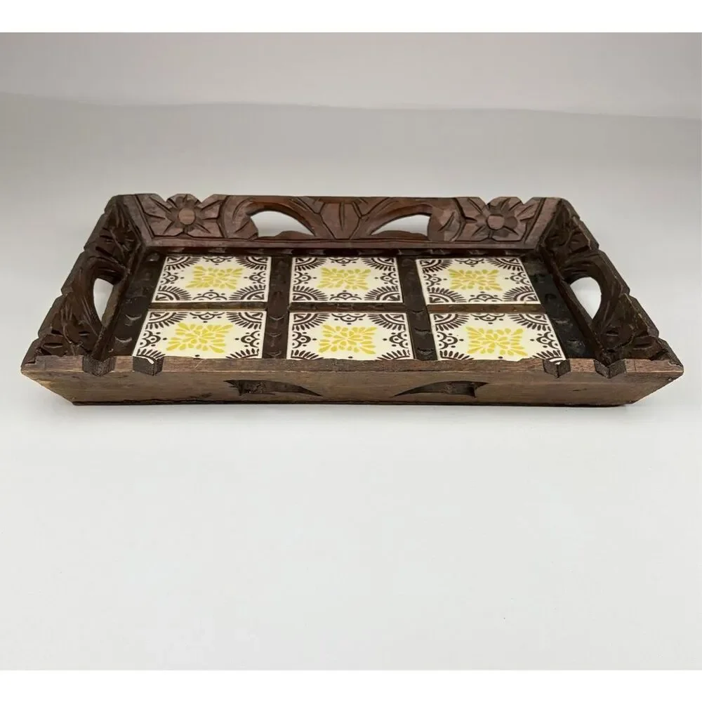 Vintage Mexican Talavera 6 Tile Hand Carved Wood 14.5x19.25in Serving Tray